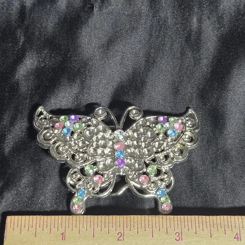 Vintage Butterfly Belt Buckle‎ Silver Tone Blue Pink Green Pastel Rhinestones
